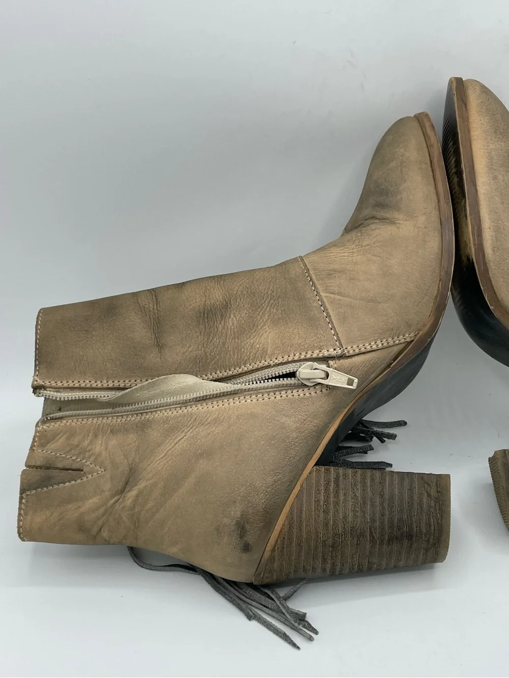 Diba True Jilly Ann Fringe Leather Ankle Boots in Taupe/Tan.
